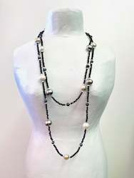 Beaded Pearl and Onyx Crystal Long Necklace