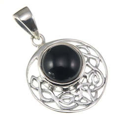 Jewellery: Black Onyx cab Round Celtic Knot Silver Pendant