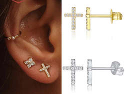 Jewellery: Cubic Zirconia Cross Sterling Silver/Gold Plated Earring