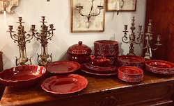 Dining: Antique French Red Pottery Set-"Sarreguemines"