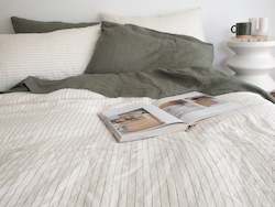 100% French Flax Linen Duvet Cover - Olive Pencil Stripe