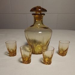 French Vintage Amber Glass Decanter Set