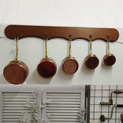 Complete Set of Five French Copper Pots on Wooden Rack