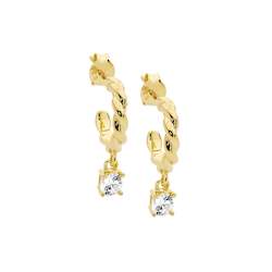 Jewellery: Ellani Gold Twist Hoop Earrings with CZ drops