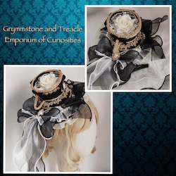Clothing: Teacup Fascinator - Black, Gold and Pearl