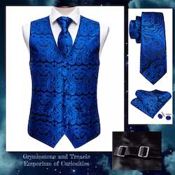 Clothing: Silk Brocade Waistcoat Set in Sapphire with Tie, Cufflinks and Pocket Square
