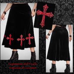 Velvet Reaper Midi Skirt with Ornate Cross Print - Size 16 to 22