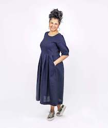 Clothing manufacturing - womens and girls: Pleated Linen Dress - Midnight Navy