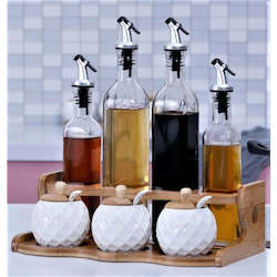 Bamboo and Ceramic Condiments Rack Set