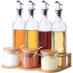 Kitchen Bamboo Rack: Bamboo and Glass Condiments Rack -Ceramic Spoon