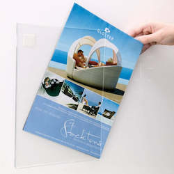 Product display assembly: A3 Portrait Acrylic Wall Mounted Adhesive Taped Display Sleeve