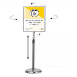 Product display assembly: Freestanding Chrome A3 Adjustable Snap Frame Display Stand