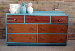 Wooden furniture: Green oak and mahogany dresser (sold)