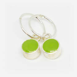 Joyous: Sterling Silver small round resin pair of drop earrings on hoops (Pictured Wasabi) Other colours available
