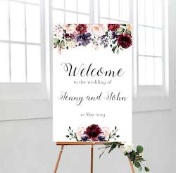 Internet only: Burgundy Watercolour Flowers Welcome Sign