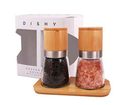 Kitchen: DISHY BUD SET - SALT & PEPPER GRINDERS WITH BAMBOO TRAY