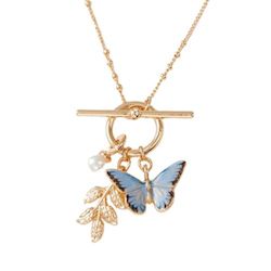 Enamel Blue Butterfly & Leaf Charm Necklace by Fable England