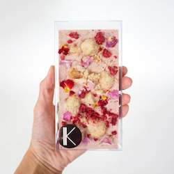Cake: WHITE CHOCOLATE BAR WITH FREEZE DRIED RASPBERRY, LYCHEE AND ROSE