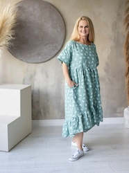 Woman: Linen Dress Emma Green Tea Dragonfly Print