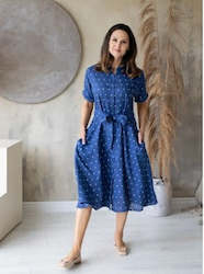 Linen Dress Clare Dark Blue With White Polka Dots