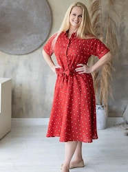 Woman: Linen Dress Clare Red With White Polka Dots