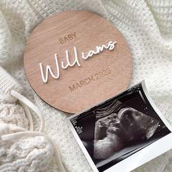 Baby wear: Wooden Pregnancy Announcement Disc - Script