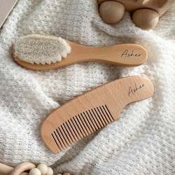 Goat Wool Baby Hair Brush and Wooden Baby Comb Personalised Set
