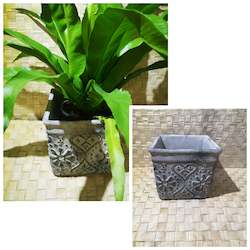 Plants Pots: Square Cement Pot in Antique Grey with Heart and Flower Patterns