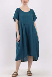 Linen Round Neck Elegant Style Dress - Teal