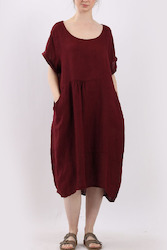 Linen Round Neck Elegant Style Dress - Wine