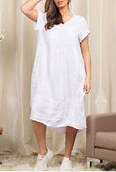 Linen Round Neck Elegant Style Dress - White