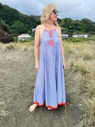 Naudic blue boho strappy print dress w/ embroidered red flower