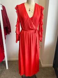 Maje V Neck Red Ruffle Long Dress