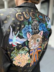 Clothing: GG Meow Meow up-cycled Leather Jacket