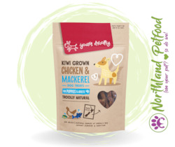 Store-based retail: Yours Droolly Natural dog Treats - Kiwi Grown Chicken & Mackerel