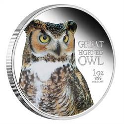 Coins: Birds of prey silver coin - great horned owl