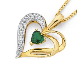 Jewellery: 9ct Synthetic Emerald & Diamond Heart Pendant