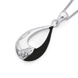 Jewellery: Sterling silver synthetic onyx &. Cubic zirconia pendant