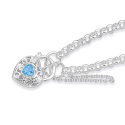 Jewellery: Sterling silver 19cm belcher bracelet with blue topaz padlock