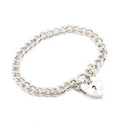 Jewellery: Silver Plain Curb Flat Heart Padlock Bracelet