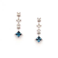 Jewellery: Elegant Princess Cut Blue Topaz & Diamond Earrings