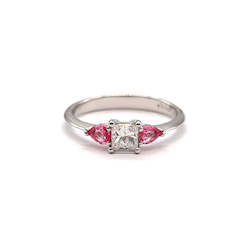 Jewellery: Platinum Princess Cut Diamond and Pink Sapphire Ring