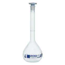 Sales agent for manufacturer: Eisco Flask Volumetric class 'A', cap. 200ml, socket size 14/23, borosilicate glass, blue printing (CH0446F)