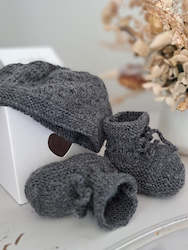 NZ made - DK Grey Merino Beanie and Bootie Set - Gift boxed
