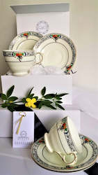 Gift: JC Crescent 'Mina' English Cups, Saucers & Side Plates with assorted teaspoons & cake forks
