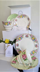 Gift: Coleclough Cups, Saucer & (Roslyn Saucer), Side Plates with assorted teaspoons & cake forks