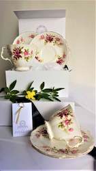 Gift: Royal Albert Cups, Saucers & Side Plates with assorted tea spoons & cake forks