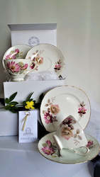 Royal Vale & Delphine Cup, Saucer & Side Plate with assorted teaspoons & cake forks