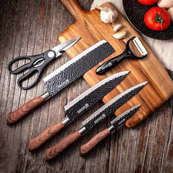 European Style Kitchen Cutting Scissors Peeler Knives 6pcs Set + Knife Sharpener