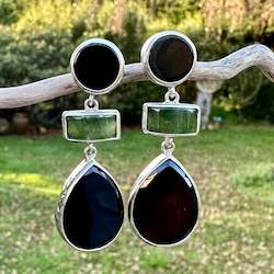 Black Onyx, NZ Greenstone, & Sterling Silver Earrings
